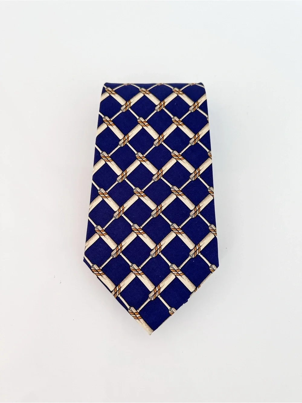 Polo Ralph Lauren Silk Tie Blue Bamboo Rope Lattice Geometric Pattern USA Made